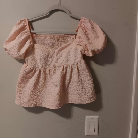 Shein Smocked Puff Sleeve Peplum Top - Light Pink - Picture 10 of 12